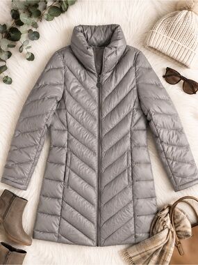 Calvin Klein Packable Premium Down Puffer Coat Taupe Gray Womens M